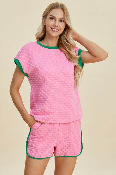 Double Take Full Size Texture Contrast T-Shirt and Shorts Set for a perfect OOTD – dress to impress outfits from Amexza