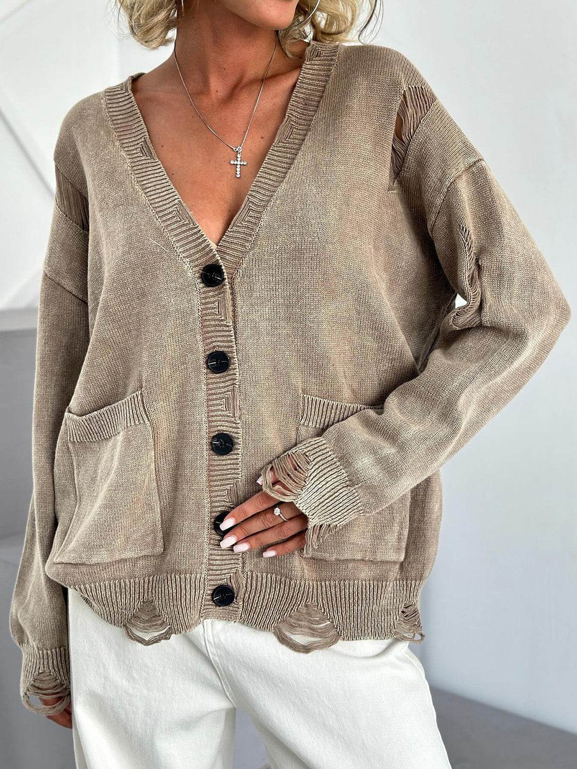 Distressed Button Down Long Sleeve Cardigan Tan for a perfect OOTD – dress to impress outfits from Amexza