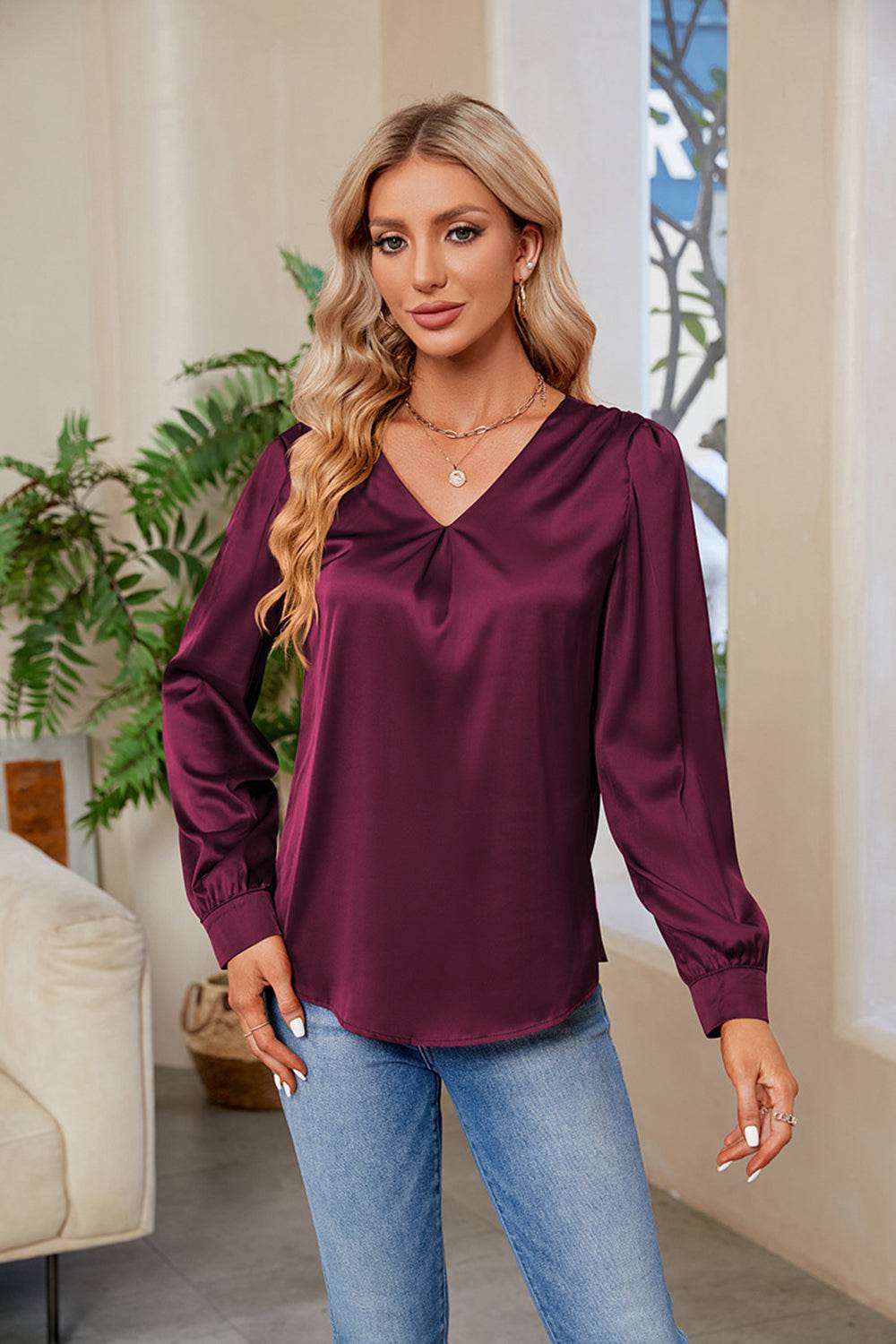 V-Neck Long Sleeve Top - Amexza