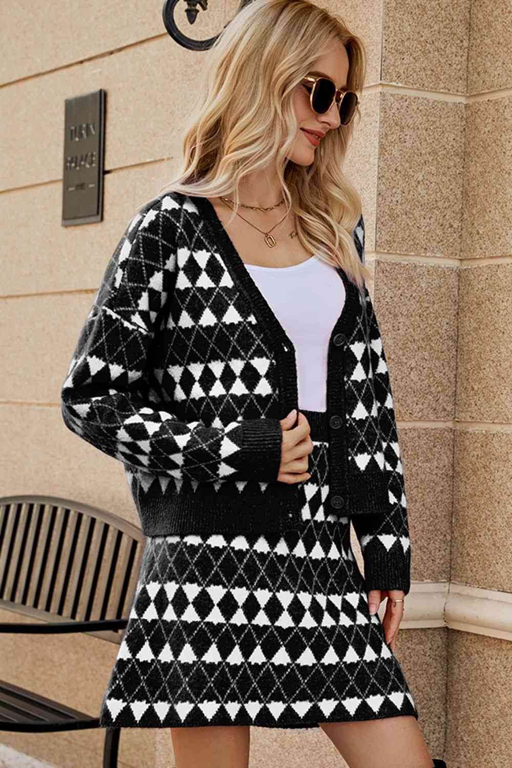 Geometric Dropped Shoulder Cardigan and Knit Skirt Set for a perfect OOTD – dress to impress outfits from Amexza