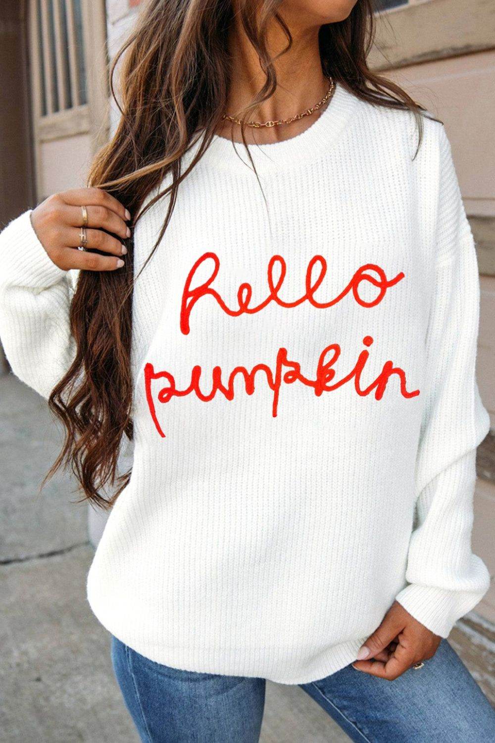 HELLO PUMPKIN Round Neck Long Sleeve Sweater White for a perfect OOTD – dress to impress outfits from Amexza