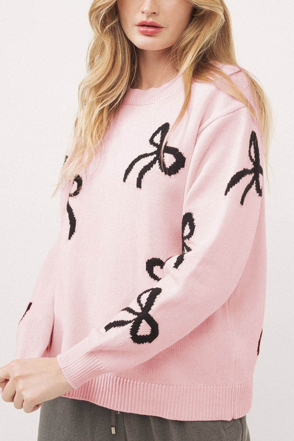 Bow Pattern Round Neck Loose Fit Sweater for a perfect OOTD – dress to impress outfits from Amexza