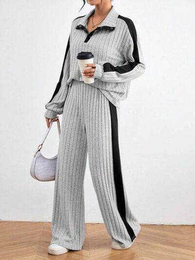 Contrast Collared Neck Long Sleeve Top and Pants Set for a perfect OOTD – dress to impress outfits from Amexza