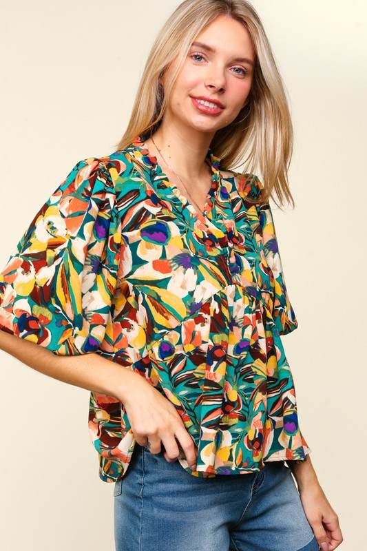 Haptics Full Size Frill Floral Puff Sleeve Peplum Blouse for a perfect OOTD – dress to impress outfits from Amexza