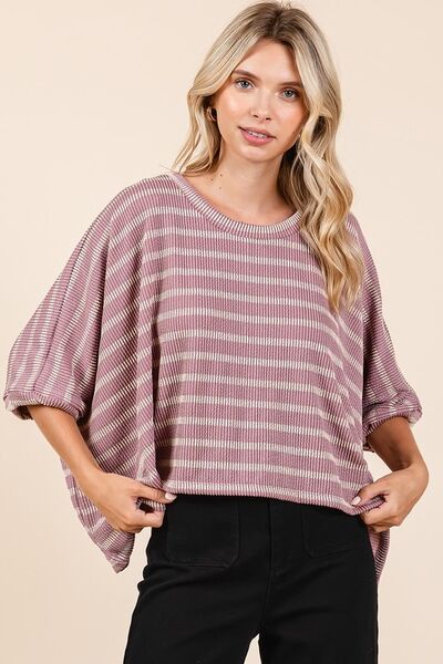 Mittoshop Texture Striped Print Round Neck Dolman Sleeve Top Dusty Pink for a perfect OOTD – dress to impress outfits from Amexza