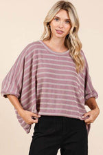 Mittoshop Texture Striped Print Round Neck Dolman Sleeve Top Dusty Pink for a perfect OOTD – dress to impress outfits from Amexza