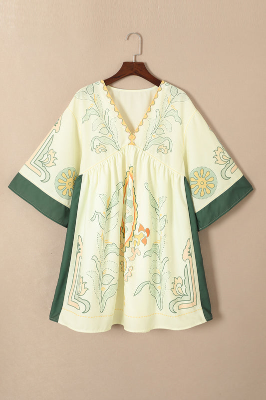 Printed V-Neck Kimono Sleeve Dress - Pastel Yellow / S