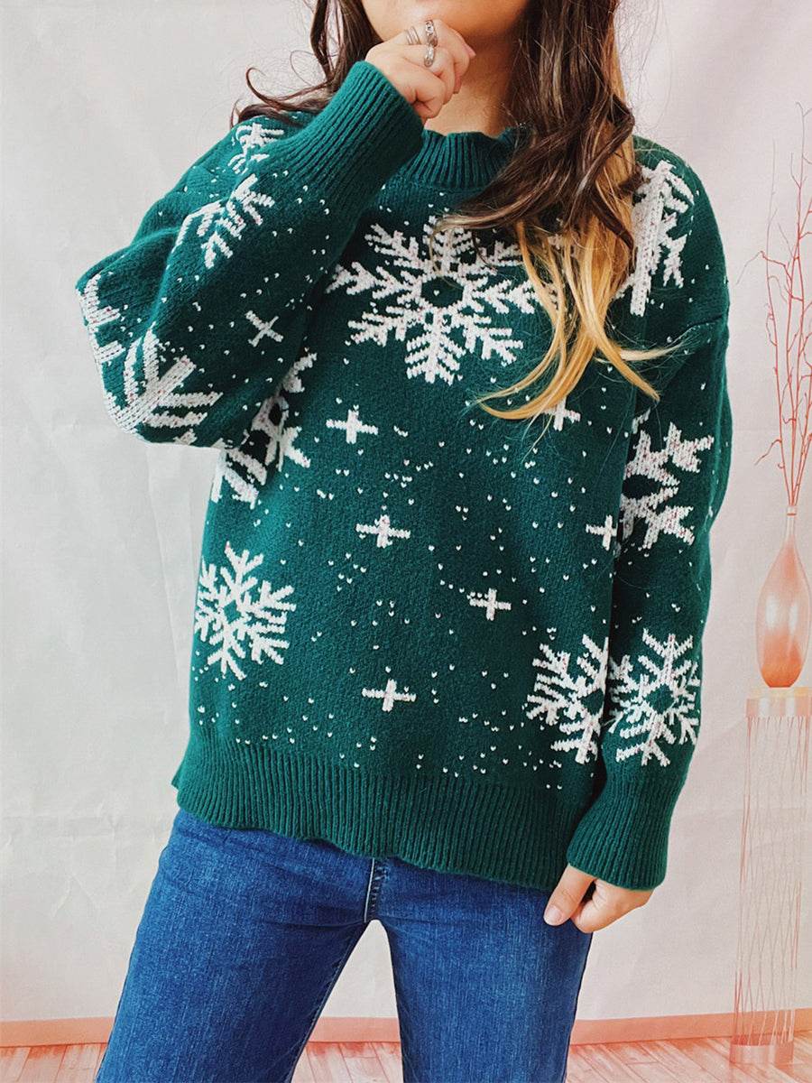 Snowflake Pattern Dropped Shoulder Sweater Green for a perfect OOTD – dress to impress outfits from Amexza