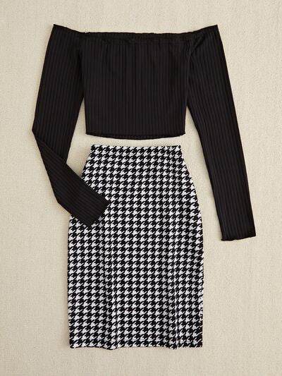 Off-Shoulder Long Sleeve Top and Houndstooth Skirt Set for a perfect OOTD – dress to impress outfits from Amexza