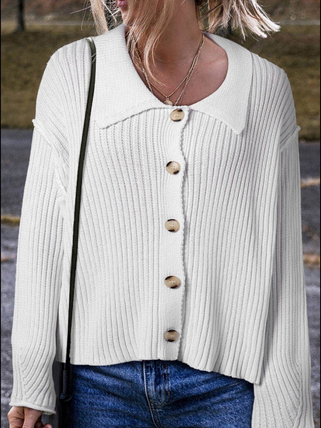 Collared Neck Button Down Long Sleeve Cardigan - Amexza