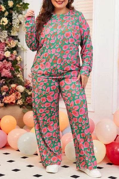 Plus Size Printed Round Neck Long Sleeve Top and Pants Set Deep Rose for a perfect OOTD – dress to impress outfits from Amexza