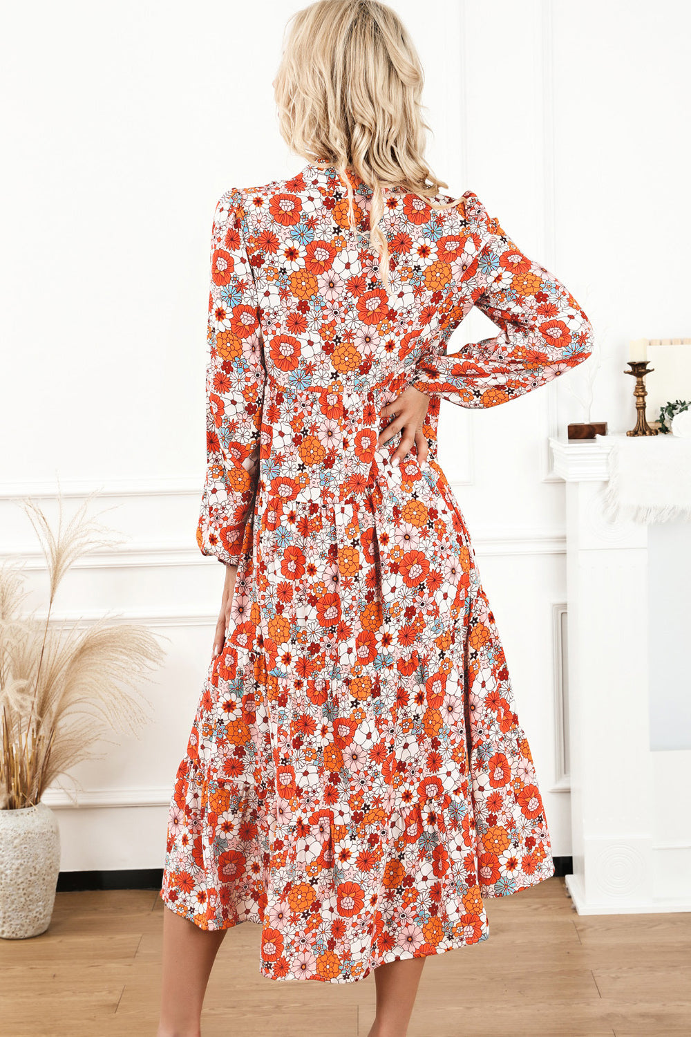 Floral Notched Neck Long Sleeve Dress