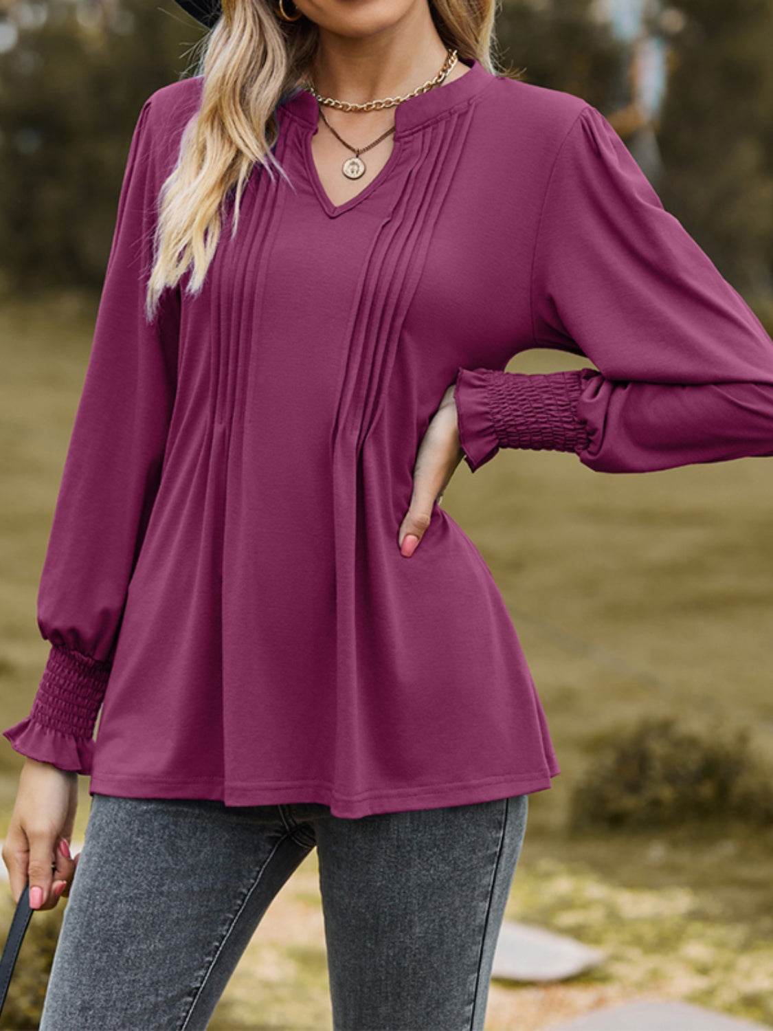 Ruched Notched Long Sleeve T-Shirt for a perfect OOTD – dress to impress outfits from Amexza