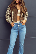 Raw Hem Plaid Cropped Hooded Jacket - Amexza