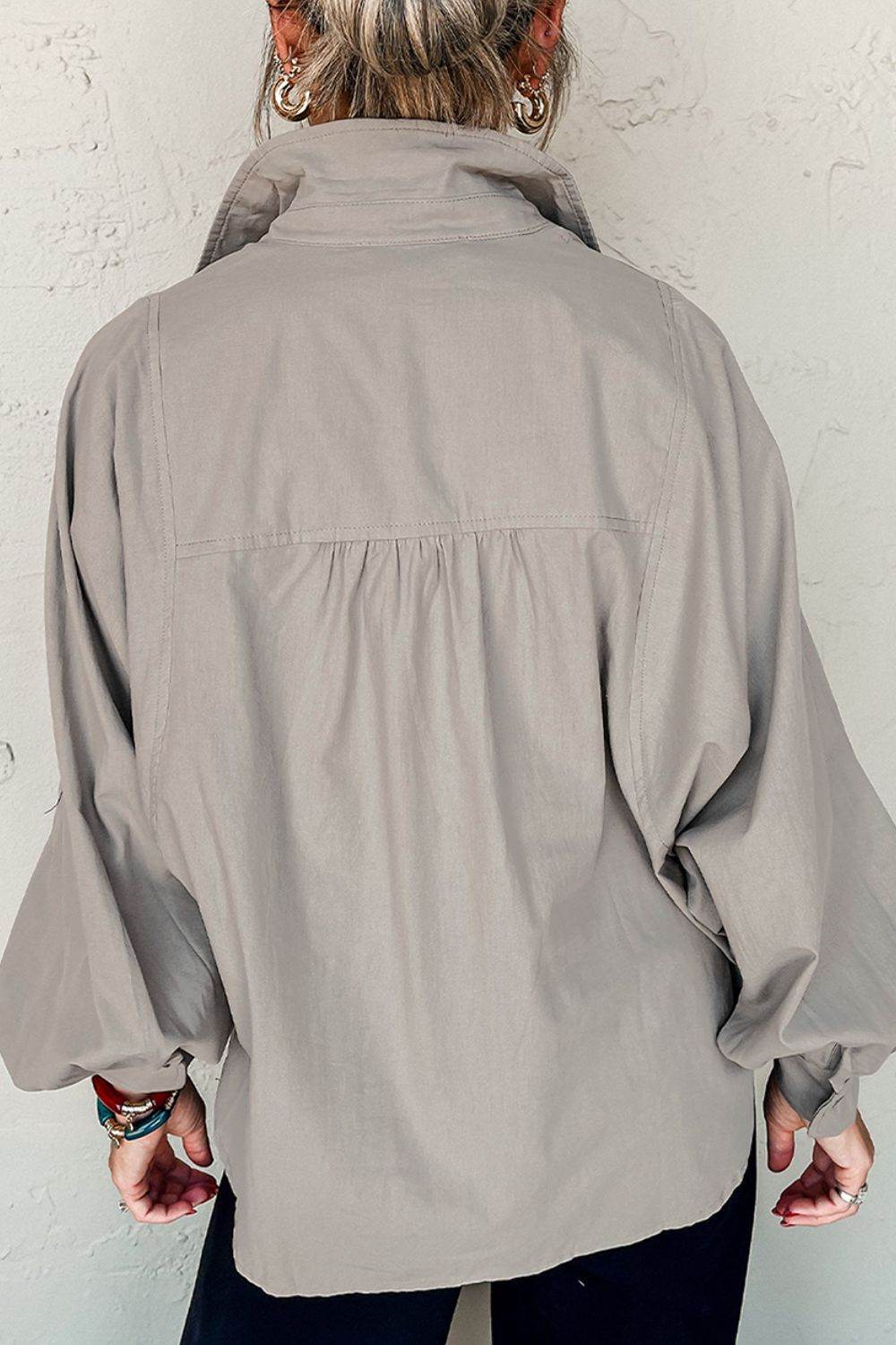 Button Down Collared Neck Long Sleeve Shirt - Amexza