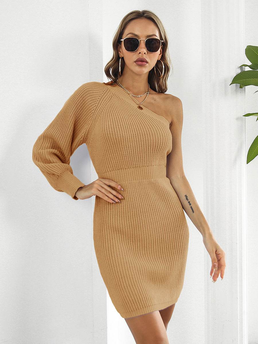 One-Shoulder Mini Sweater Dress - Amexza