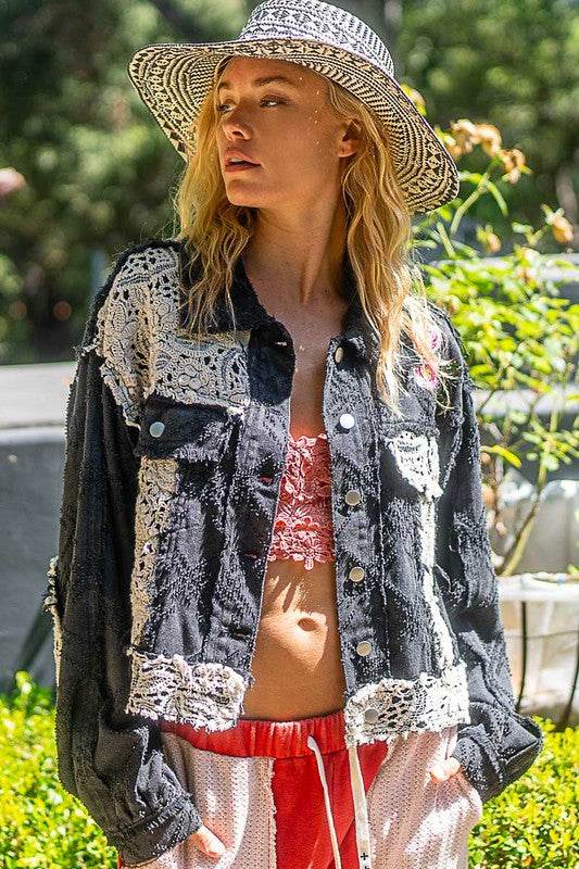 POL Crochet Patch Embroidered Button Up Jacket for a perfect OOTD – dress to impress outfits from Amexza