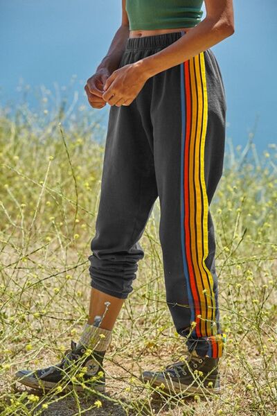 Contrast Striped Elastic Waist Active Pants Gray for a perfect OOTD – dress to impress outfits from Amexza