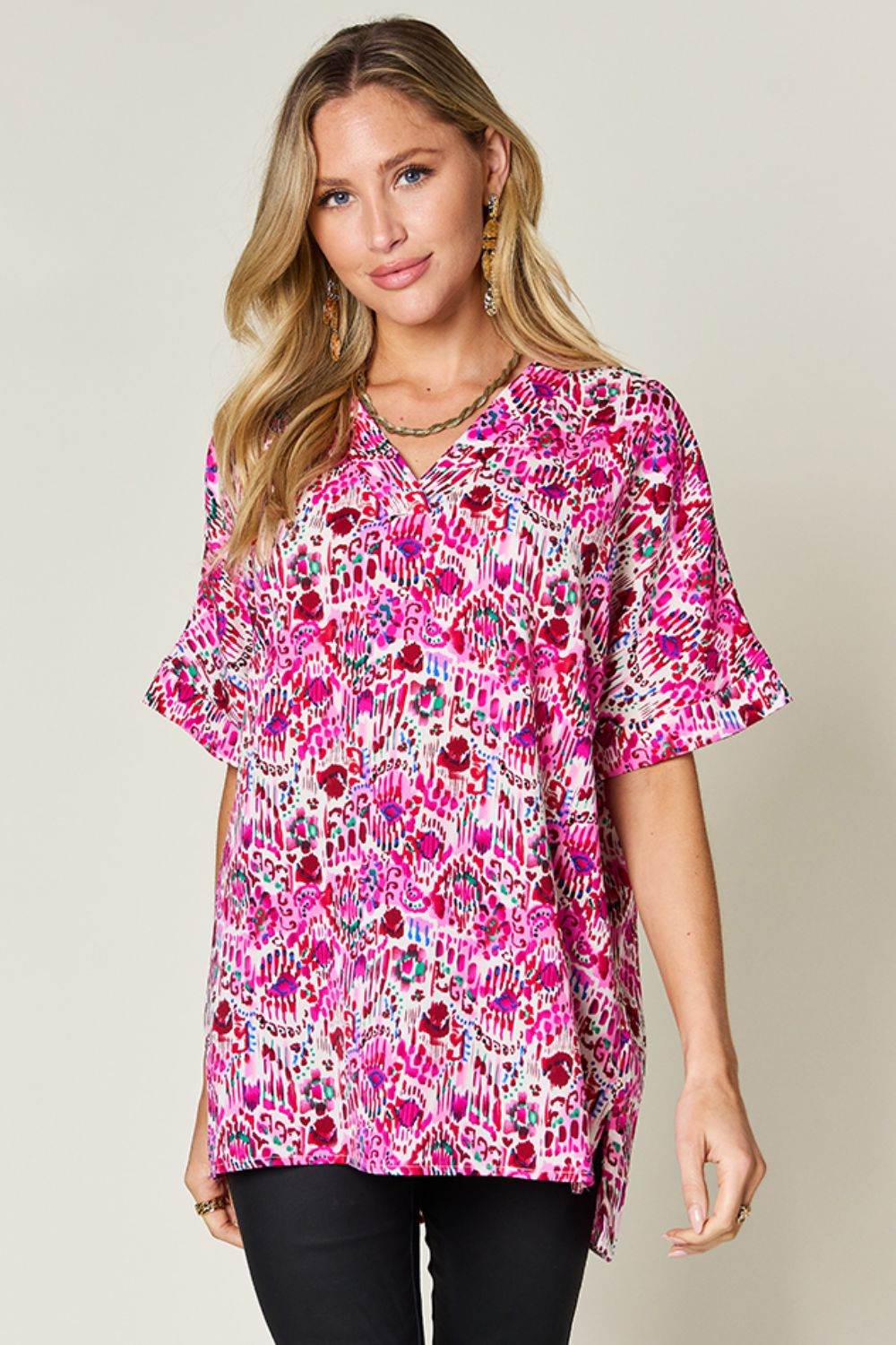 Double Take Full Size Printed V-Neck Short Sleeve Blouse Pink for a perfect OOTD – dress to impress outfits from Amexza