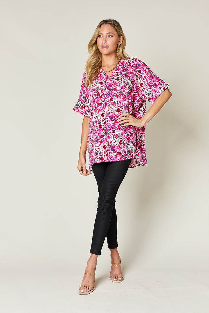 Double Take Full Size Printed V-Neck Short Sleeve Blouse for a perfect OOTD – dress to impress outfits from Amexza