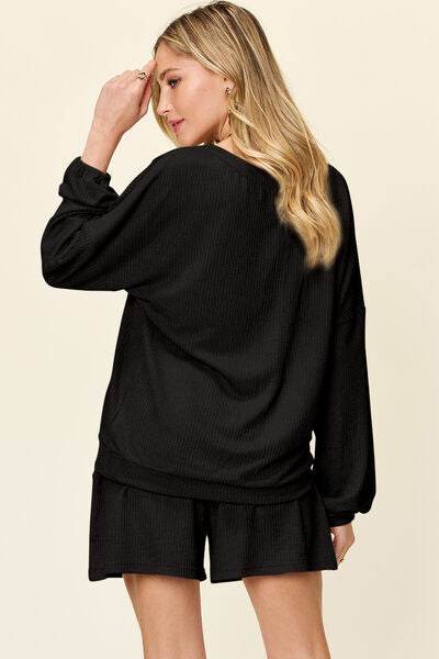 Double Take Full Size Texture V-Neck Long Sleeve T-Shirt and Shorts Set for a perfect OOTD – dress to impress outfits from Amexza