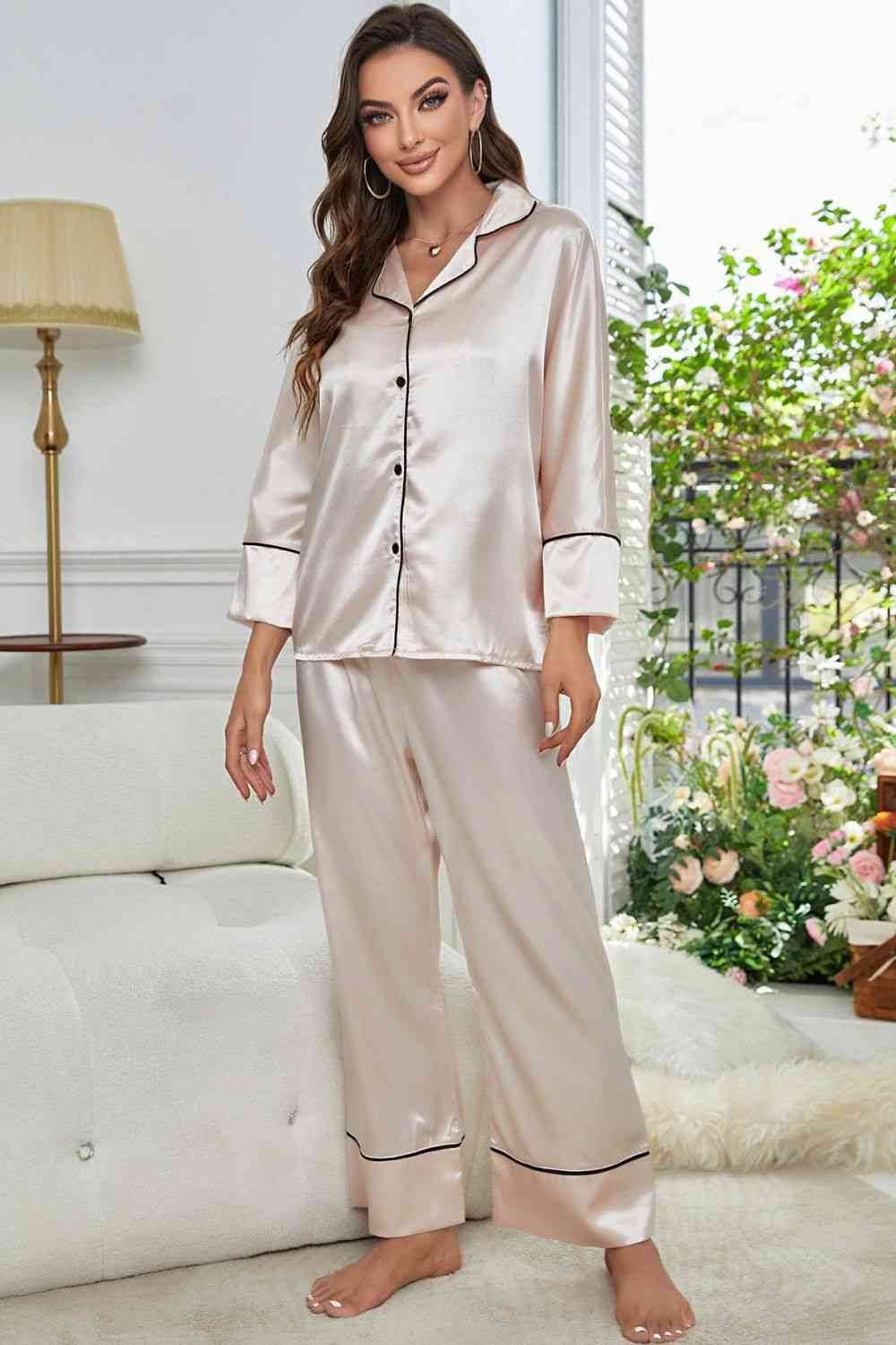 Contrast Piping Button-Up Top and Pants Pajama Set for a perfect OOTD – dress to impress outfits from Amexza