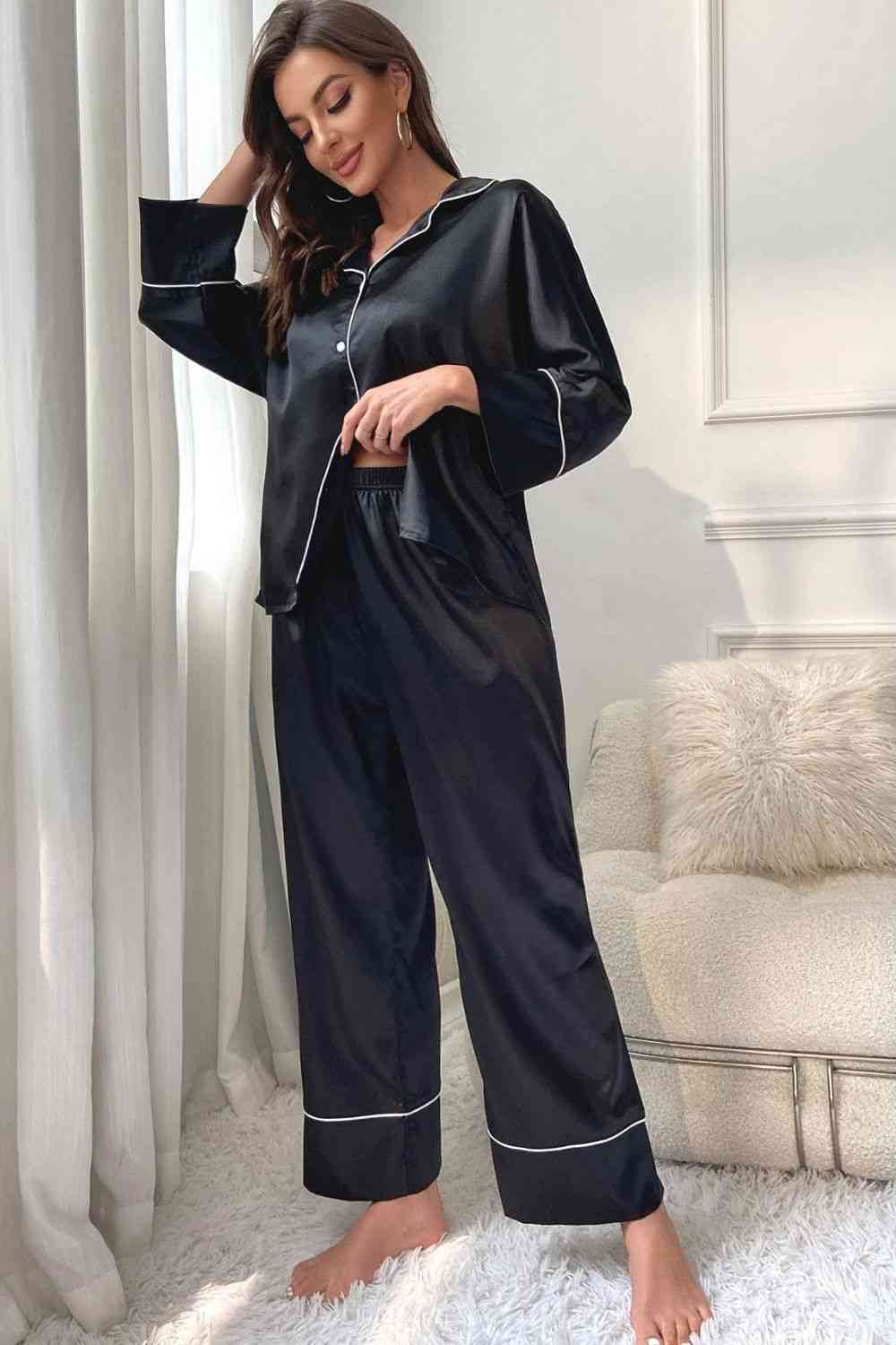 Contrast Piping Button-Up Top and Pants Pajama Set for a perfect OOTD – dress to impress outfits from Amexza