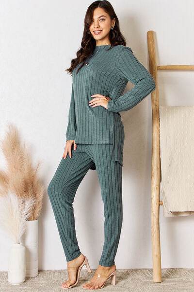 Basic Bae Full Size Ribbed Round Neck High-Low Slit Top and Pants Set Turquoise for a perfect OOTD – dress to impress outfits from Amexza