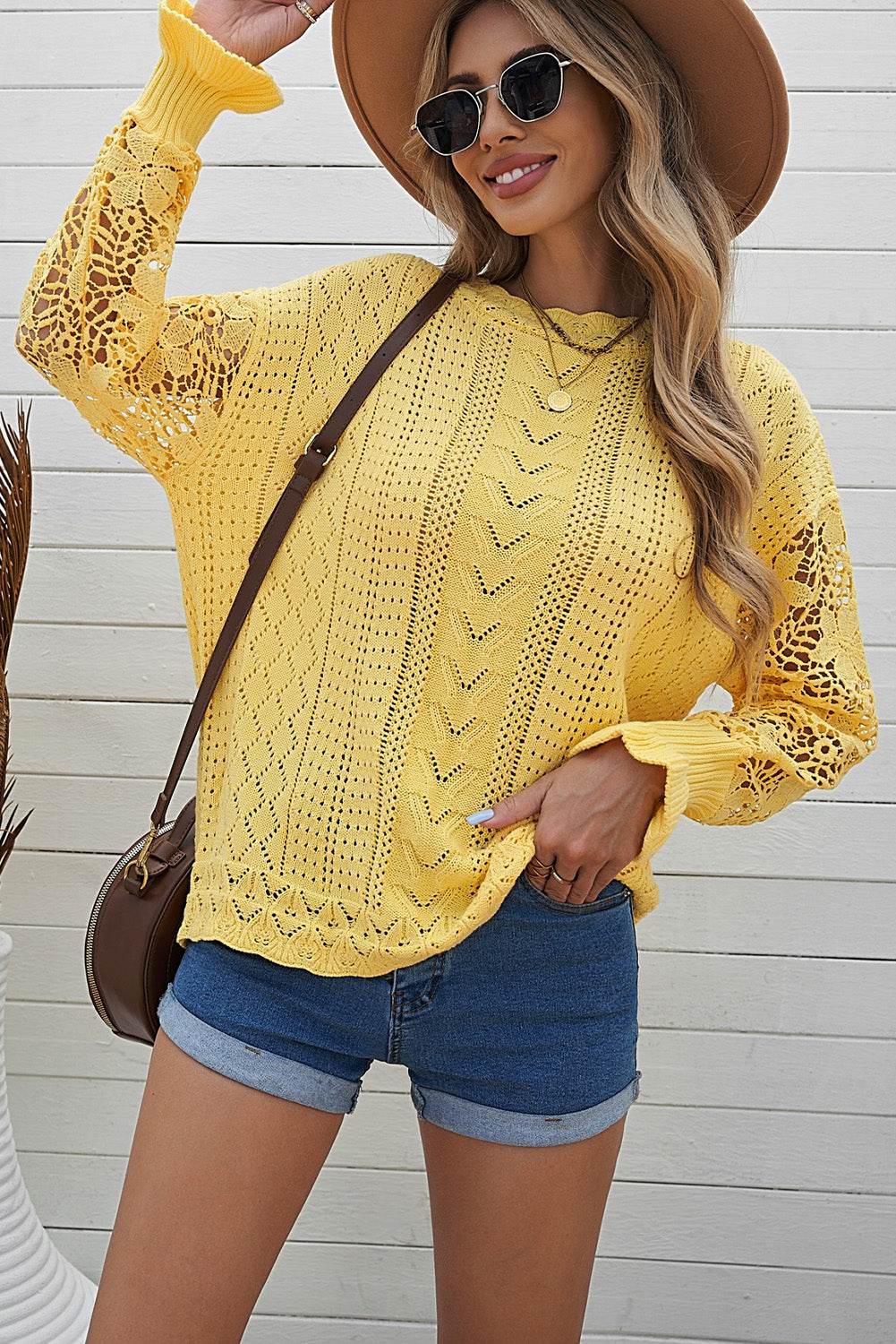 Openwork Round Neck Long Sleeve Sweater for a perfect OOTD – dress to impress outfits from Amexza