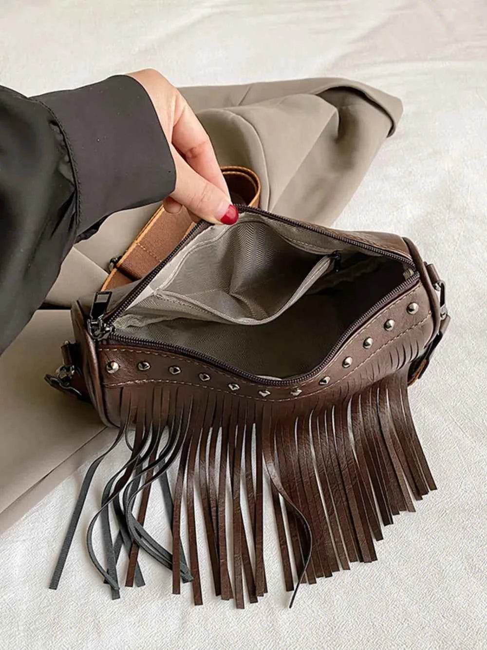 PU Leather Fringe Studded Crossbody Bag for a perfect OOTD – dress to impress outfits from Amexza