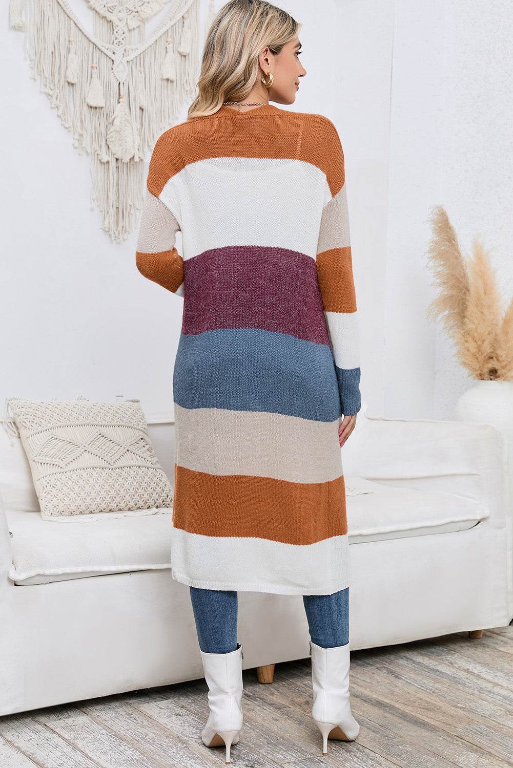 Long Color Block Open Front Pocketed Cardigan - Amexza