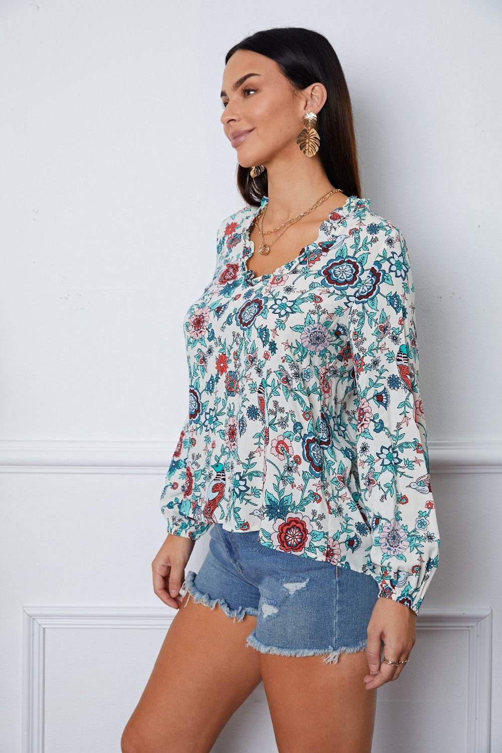 Floral Notched Long Sleeve Blouse for a perfect OOTD – dress to impress outfits from Amexza