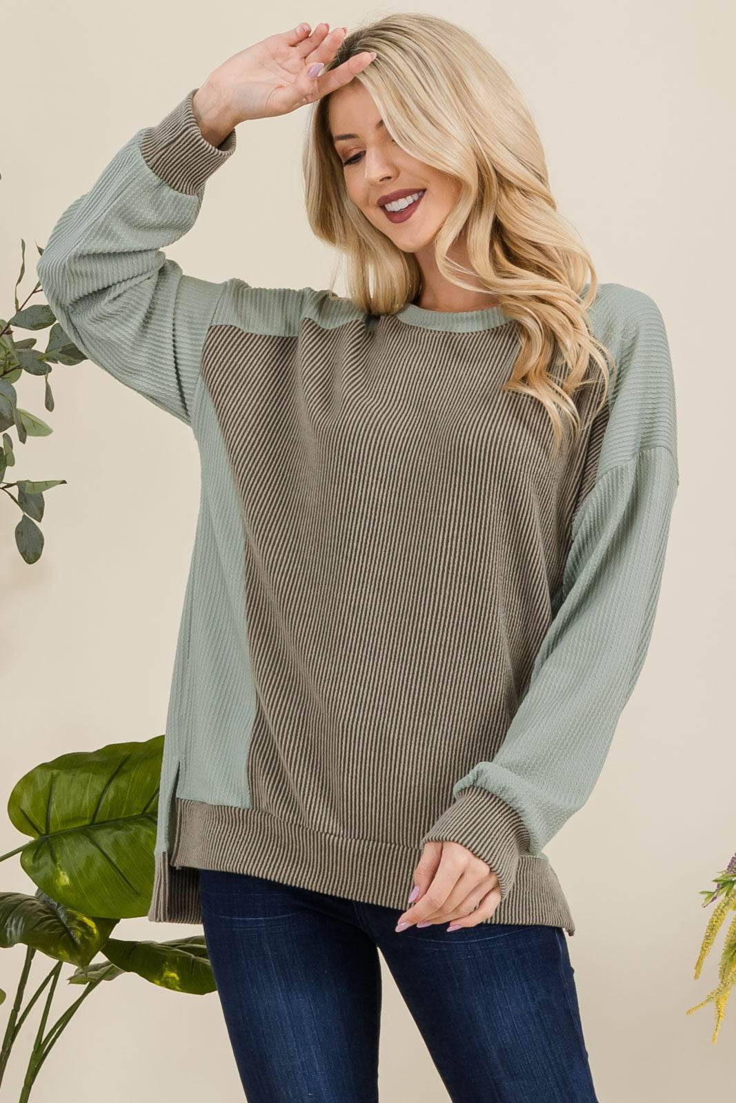 Celeste Full Size High-Low Contrast Round Neck Sweatshirt Sage for a perfect OOTD – dress to impress outfits from Amexza