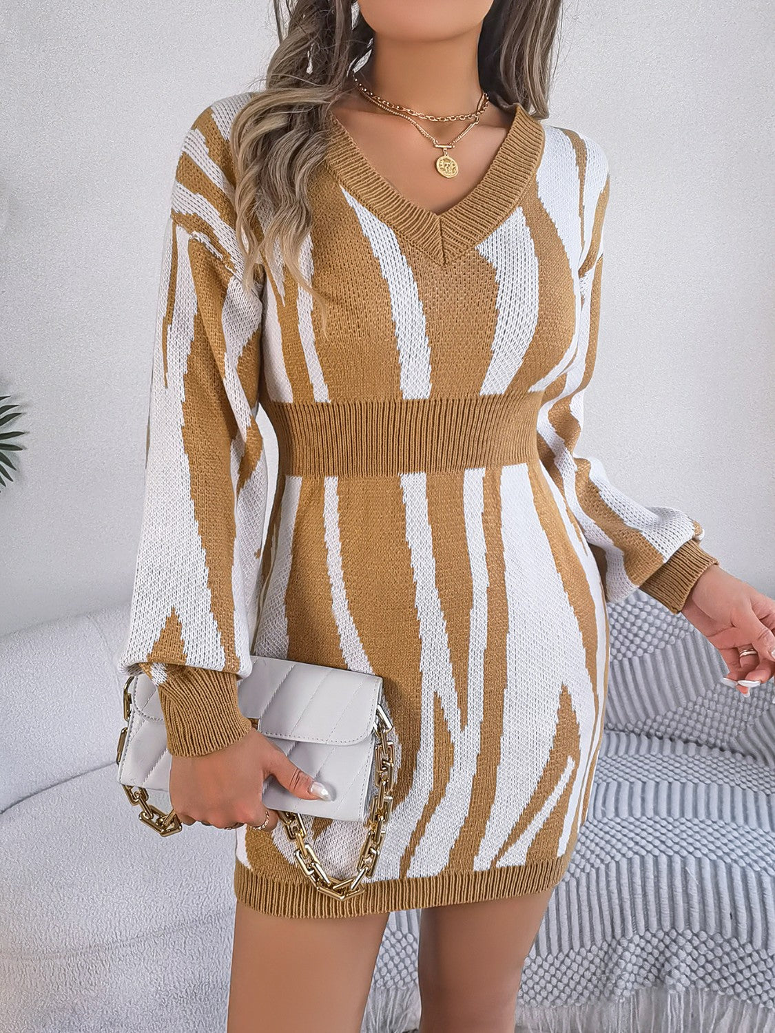 Animal Print V-Neck Long Sleeve Sweater Dress for a perfect OOTD – dress to impress outfits from Amexza