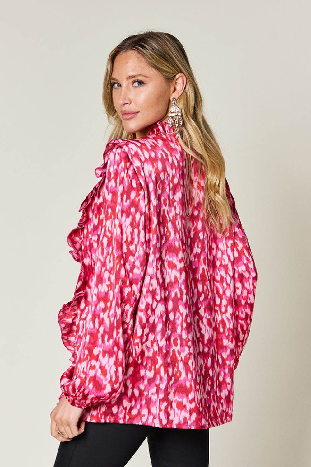 Double Take Full Size Printed Ruffle Trim Balloon Sleeve Shirt for a perfect OOTD – dress to impress outfits from Amexza