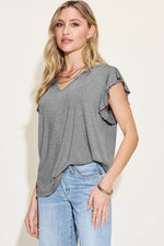 Basic Bae Full Size Bamboo Notched Ruffled Short Sleeve T-Shirt Gray for a perfect OOTD – dress to impress outfits from Amexza