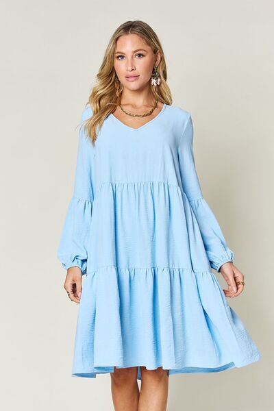 Double Take Full Size V-Neck Balloon Sleeve Tiered Dress with Pockets Light Blue for a perfect OOTD – dress to impress outfits from Amexza