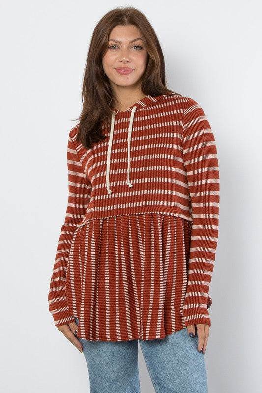 Be Stage Full Size Drawstring Striped Babydoll Hoodie Rust for a perfect OOTD – dress to impress outfits from Amexza