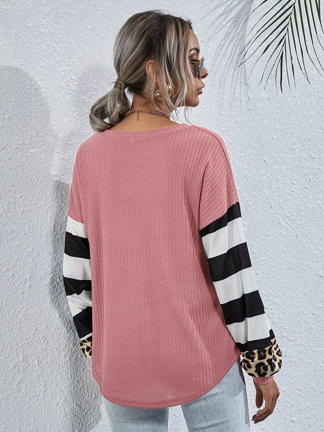 Leopard Striped Waffle-Knit Top - Amexza