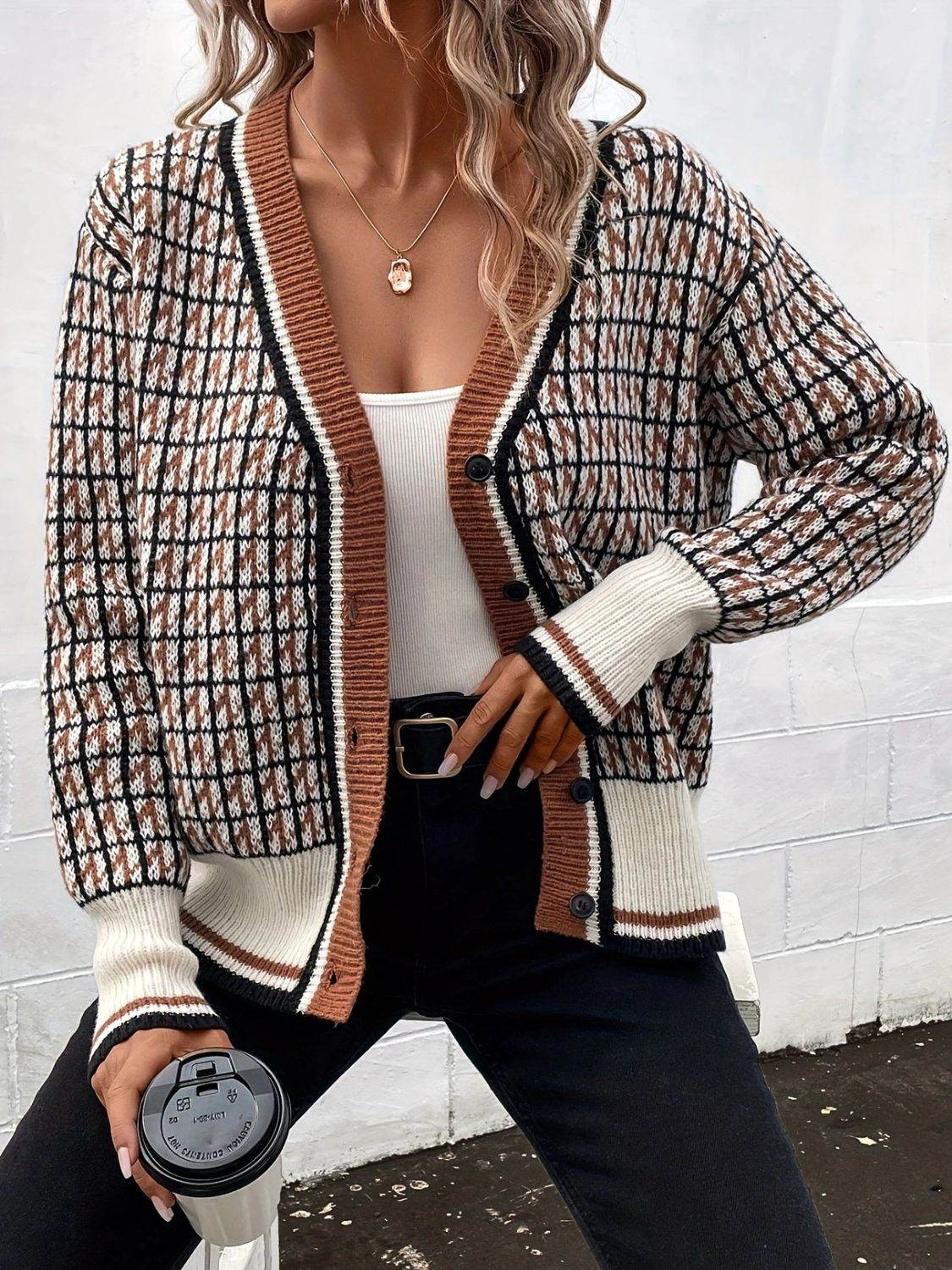 Plaid V-Neck Button Up Cardigan for a perfect OOTD – dress to impress outfits from Amexza