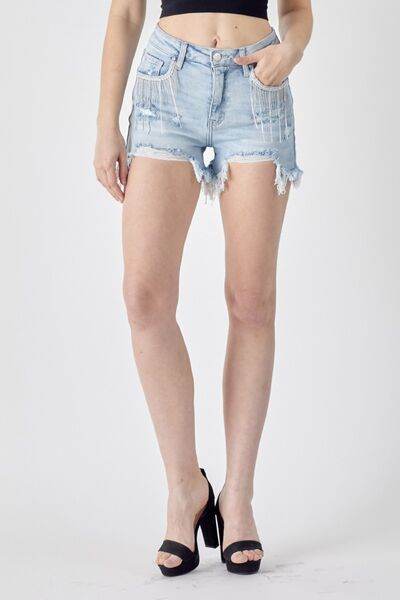 RISEN Frayed Hem Denim Shorts with Fringe Detail Pockets for a perfect OOTD – dress to impress outfits from Amexza