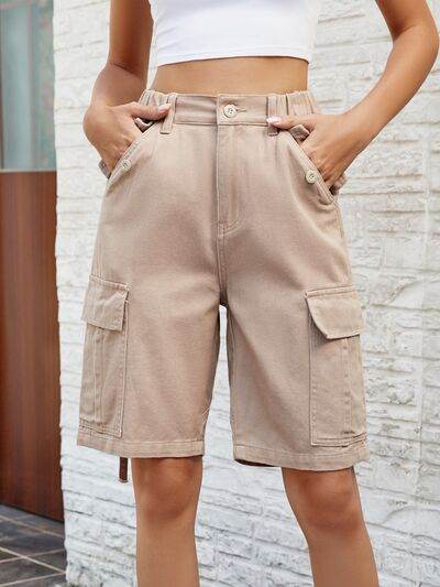 High Waist Denim Shorts with Pockets Khaki for a perfect OOTD – dress to impress outfits from Amexza