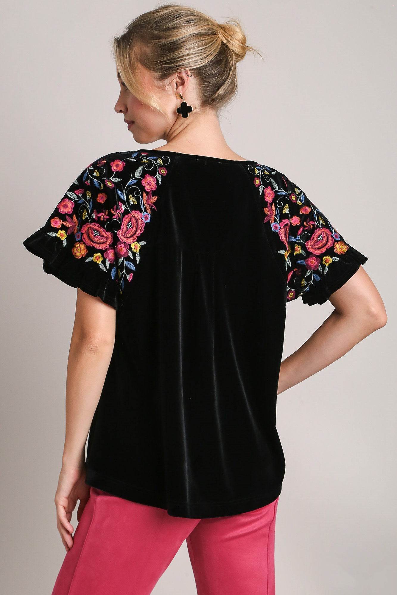 Umgee Full Size Velvet Embroidery Short Sleeve Blouse for a perfect OOTD – dress to impress outfits from Amexza