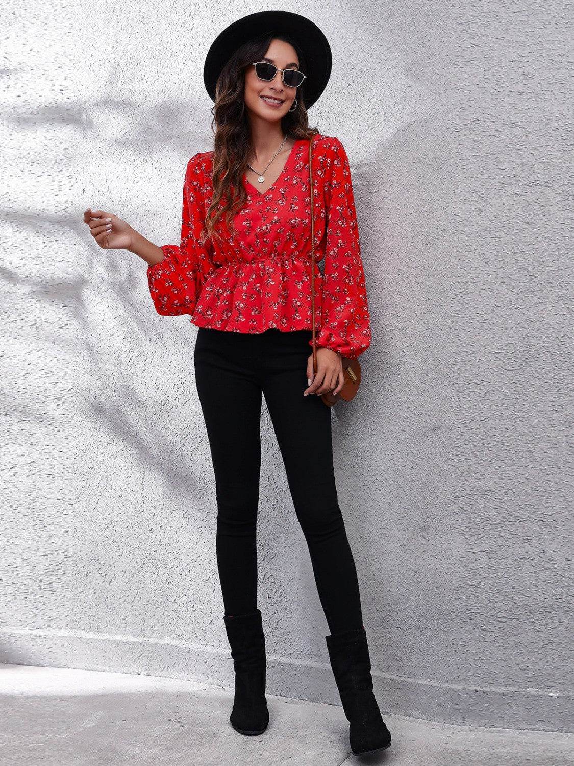 Floral V-Neck Balloon Sleeve Peplum Blouse - Amexza