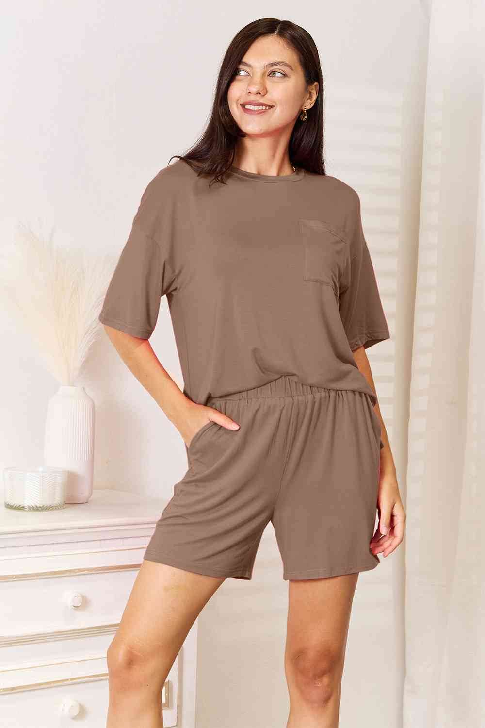 Basic Bae Full Size Soft Rayon Half Sleeve Top and Shorts Set Mocha for a perfect OOTD – dress to impress outfits from Amexza