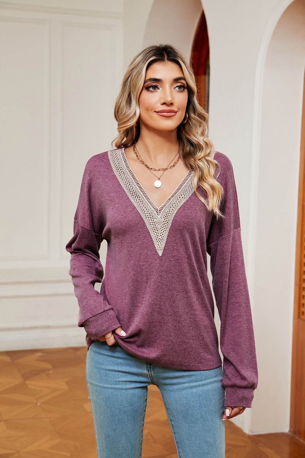 Contrast V-Neck Long Sleeve Blouse - Amexza