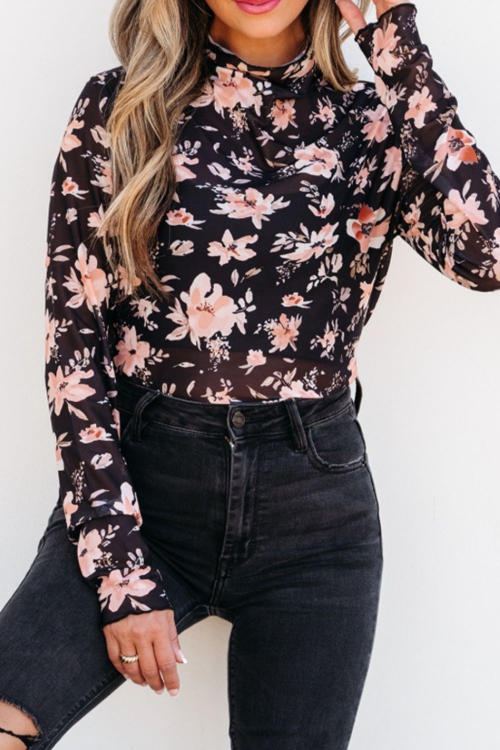 Floral Mock Neck Long Sleeve Blouse Black for a perfect OOTD – dress to impress outfits from Amexza