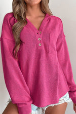 Exposed Seam Detail Henley Knit Hoodie Hot Pink for a perfect OOTD – dress to impress outfits from Amexza