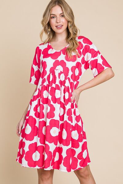 BOMBOM Flower Print Ruched Dress Fuchsia for a perfect OOTD – dress to impress outfits from Amexza