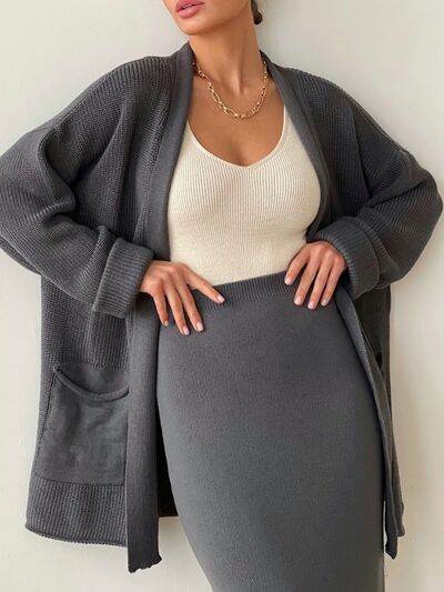 Pocketed Long Sleeve Cardigan and Skirt Sweater Set - Amexza